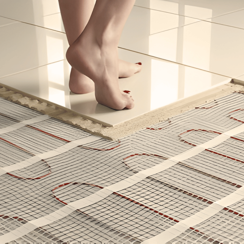 Sistema de piso térmico GLTECH sob revestimento cerâmico, aquecimento uniforme e conforto térmico em ambiente interno.