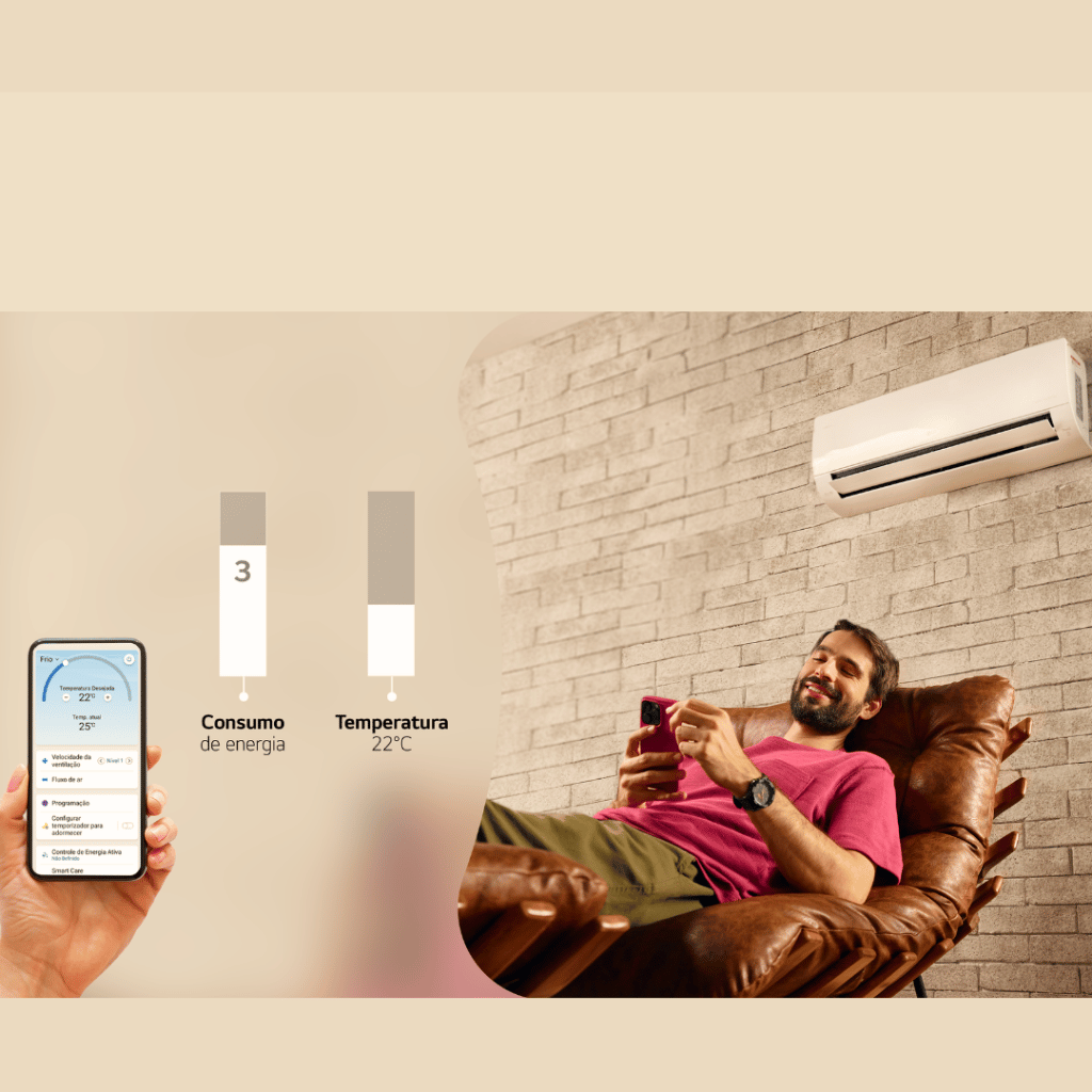 Sistema de climatização inteligente GLTECH com controle por aplicativo, ajuste de temperatura e gestão de consumo de energia.