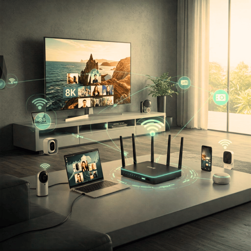 Rede Wi-Fi GLTECH com roteador central, dispositivos conectados e distribuição de sinal estável em ambiente residencial.