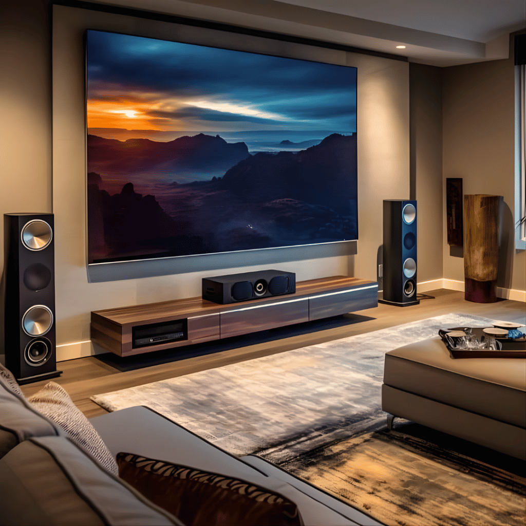 Ambiente interno com sistema de som ambiente GLTECH, caixas acústicas integradas, áudio distribuído e controle centralizado.